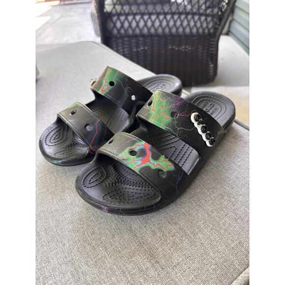 Crocs Classic Two-Strap Slide Sandals Black/Green US Men's 4 Women's 6 - Picture 2 of 6